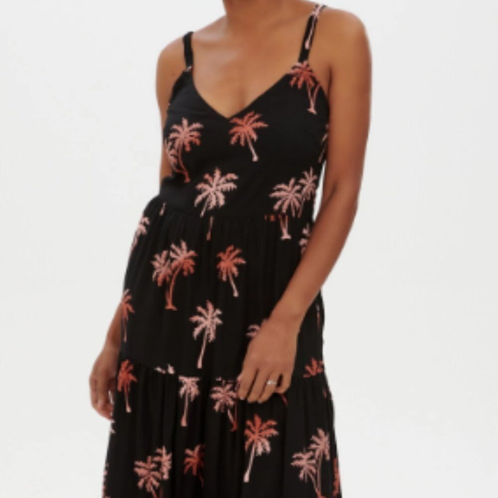 NWT Sugarhill Brighton Tiered Midi Sundress, Black, Palm Tree (Size 6)